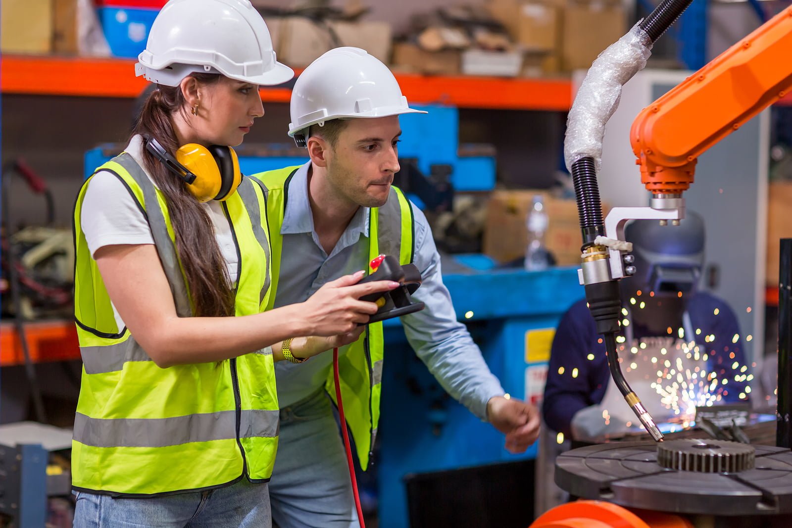 Engineer or Worker in intelligent factory industrial. Engineer check and control automation robot arms machine in intelligent factory industrial